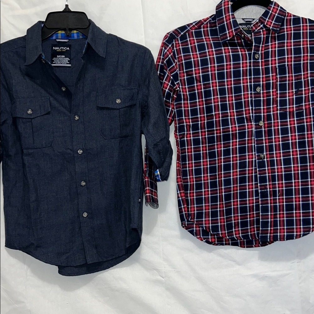 Nautica Boys Dark Blue and Red Plaid Button Down Shirts